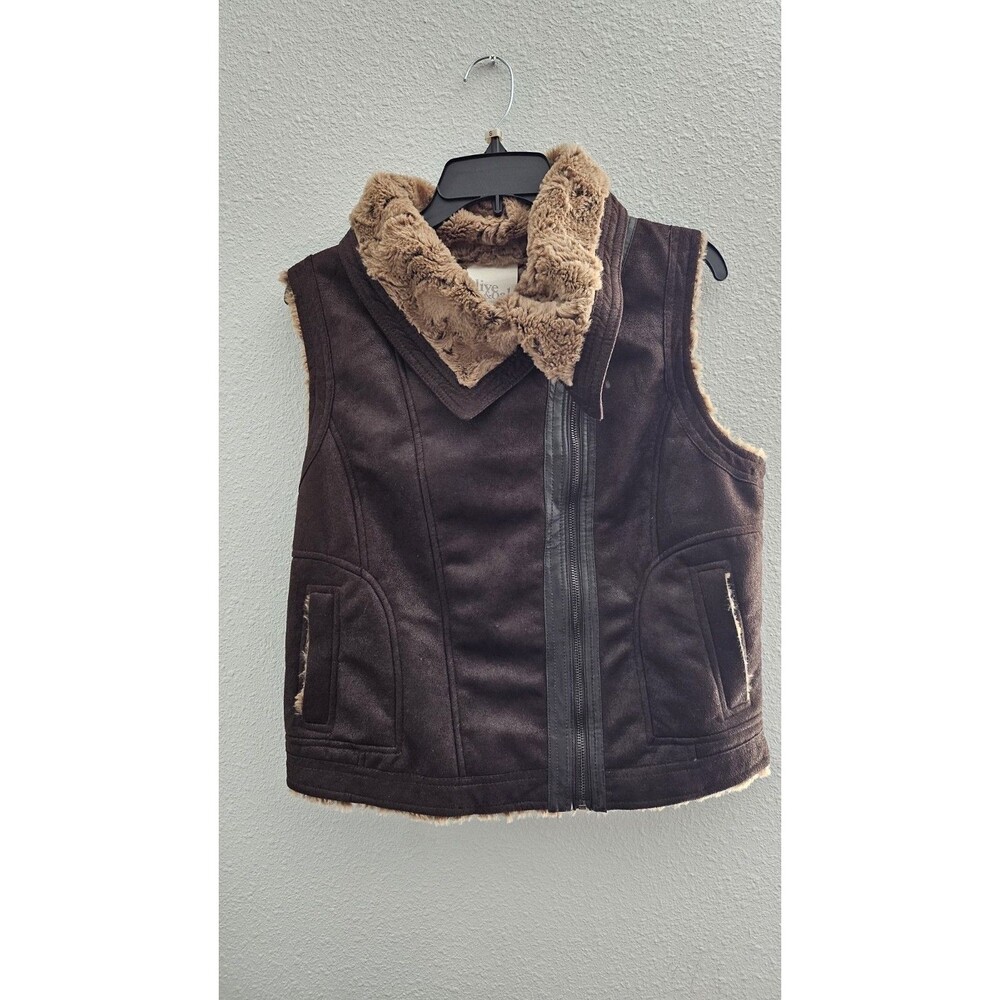 Olive & Oak Women’s L Brown Faux Shearling Faux Suede Vest Full Zip Moto - Picture 3 of 11